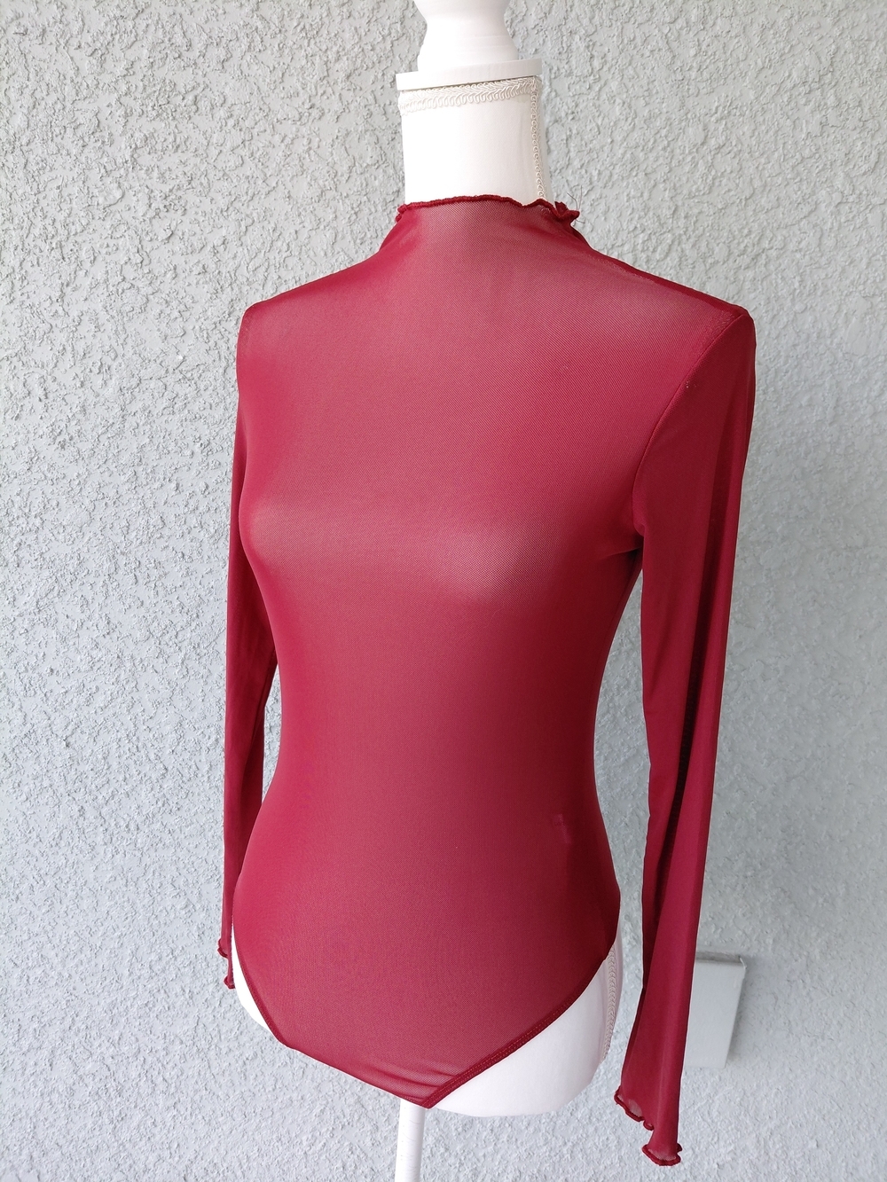 Revamped Red Sheer Mesh Mock Neck Bodysuit Size Small Lettuce Hem Y2K